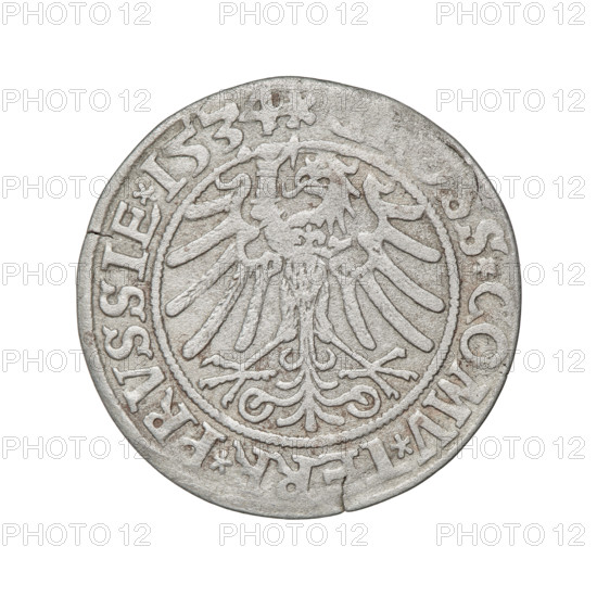 Prussian grosz, Sigismund I the Old (King of Poland; 1506–1548); silver coin (grosz), 1534. Obverse: crowned male bust in profile facing right; rim inscription: .SIGIS.I.REX.PO.DO.TOCI.PRVSSIE. Reverse: the Eagle of Royal Prussia; rim inscription: .SS.COMV.TERR.PRVSSIE. Style: royal iconography, Jagiellonian dynasty emblems; motifs include eagles and royal bust. Torun, Poland.