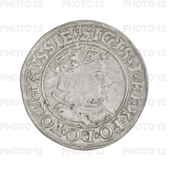 Prussian grosz, Sigismund I the Old (King of Poland; 1506–1548). Obverse: Crowned male bust in profile turned to the right; in the rim between pearly borders the inscription: .SIGIS.I.REX.PO.DO.TOCI.PRVSSIE Rw. Reverse: The Eagle of Royal Prussia; in the rim between the pearl borders the inscription: .GROSS.COMV.TERR.PRVSSIE.1534. Dated 1534, Torun, Poland. Subjects/emblems: eagles, Jagiellonian dynasty, royal bust, male busts, emblems; iconography of Sigismund I the Old. Materials: coin.