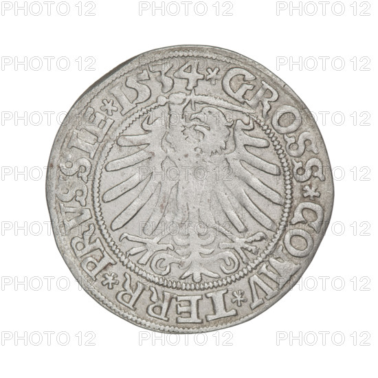 Prussian grosz, Sigismund I the Old (King of Poland; 1506–1548). Obverse: Crowned male bust in profile turned to the right; rim inscription: .SIGIS.I.REX.PO.DO.TOCI.PRVSSIE Rw. Reverse: The Eagle of Royal Prussia; rim inscription: .GROSS.COMV.TERR.PRVSSIE. Dated 1534. Torun, Poland. Subjects/emblems: eagles, royal bust, Jagiellonian dynasty, emblems; iconography of Sigismund I the Old. Materials: coin.