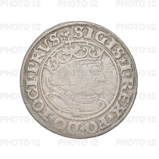 Prussian grosz, Sigismund I the Old (King of Poland; 1506–1548). Obv.: Crowned male bust in profile turned to the right; in the rim between pearl borders an inscription: .SIGIS.I.REX.PO.DO.TOCI.PRVS. Rev.: The Eagle of Royal Prussia; in the rim between the pearl borders the inscription: .GROSS.COMV.TERR.PRVSS.153Z. 1532. Torun, Poland. Subjects/themes: eagles, Polish coins, Jagiellonians (dynasty), emblems, Eagle (emblem), male royal bust; iconography of Sigismund I the Old (1467–1548). Materials/function: coin.