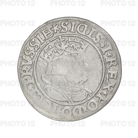 Prussian grosz, Sigismund I the Old (King of Poland; 1506–1548); silver coin (1534, Torun, Poland). Obverse: Crowned male bust in profile turned to the right; rim between pearly borders with inscription '.SIGIS.I.REX.PO.DO.' Reverse: The Eagle of Royal Prussia; rim between pearly borders with inscription '.GROSS.COMV.ER. .SSIE.1534.' Subjects/themes: eagles, Polish coins, Jagiellonians dynasty, emblems, Eagle (emblem), male/royal bust, iconography of Sigismund I the Old.