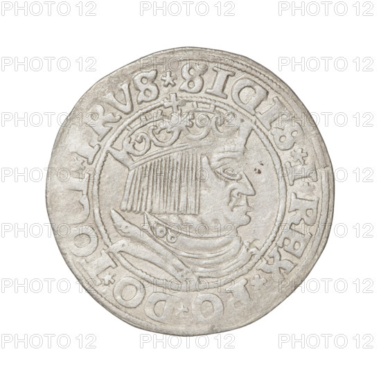 Prussian grosz, Sigismund I the Old (King of Poland; 1506–1548). Obverse: Crowned male bust in profile turned to the right, in the rim between pearly borders an inscription: .SIGIS.I.REX.PO.DO.TO. Reverse: The Eagle of Royal Prussia, in the rim between the pearl borders the inscription: .GROSS.CO.ERR.PRVSS.153Z. Date: 1532. Mint: Torun, Poland. Subjects/emblems: eagles, Jagiellonian dynasty, royal bust, inscriptions, emblems; iconography of Sigismund I the Old.