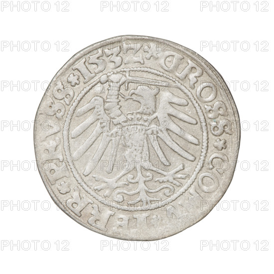 Prussian grosz, Sigismund I the Old (King of Poland; 1506–1548); silver coin (grosz), 1532; Torun, Poland. Obverse: Crowned male bust in profile turned to the right; rim between pearly borders with inscription '.SIGIS.I.REX.PO.DO.TO'. Reverse: Eagle of Royal Prussia; rim between pearly borders with inscription '.GROSS.CO.ERR.PRVSS.1532'. Iconography: royal bust, eagles, emblems; Jagiellonian dynasty.