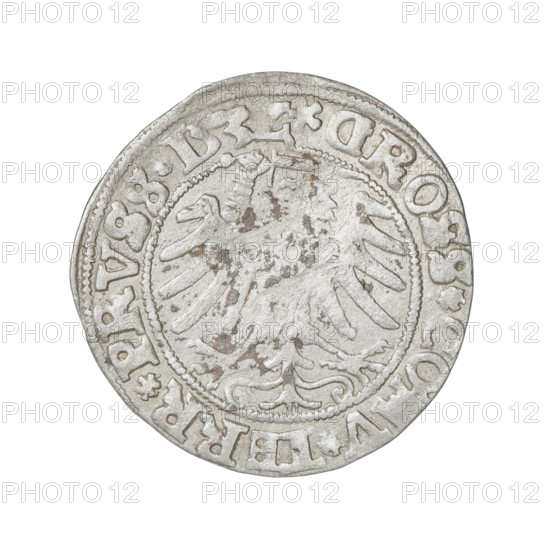 Prussian grosz, Sigismund I the Old (King of Poland; 1506–1548). Obverse: Crowned male bust in profile turned to the right; in the rim between pearl borders an inscription: .SIGIS.I.REX.PO.DO.TOCI.PRVS. Reverse: The Eagle of Royal Prussia; in the rim between the pearl borders the inscription: .GROSS.CO,V.TERR.PRVSS.153Z. 1532. Torun, Poland. Subjects/emblems: eagles, Polish coins, Jagiellonians (dynasty), emblems, Eagle (emblem), male busts, royal bust, Sigismund I the Old — iconography. Materials/medium: coin.