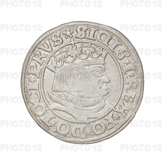 Prussian grosz, Sigismund I the Old (King of Poland; 1506–1548). Obverse: Crowned male bust in profile turned to the right, in the rim between pearl borders an inscription: .SIGIS.I.REX.PO.DO.TOCI.PRVS. Reverse: The Eagle of Royal Prussia, in the rim between the pearl borders the inscription: .GROSS.COMV.TERR.PRVSS.153Z. 1532. Torun, Poland. Subjects/emblems: eagles, Jagiellonian dynasty, emblems, Eagle (emblem), male/royal bust; iconography of Sigismund I the Old (1467–1548). Coin; Polish coin.