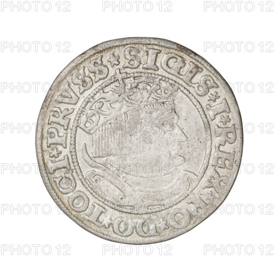 Prussian grosz, Sigismund I the Old (King of Poland; 1506–1548), eagles, Polish coins, Jagiellonians (dynasty), emblems, Eagle (emblem), male busts, royal bust, Sigismund I the Old (King of Poland; 1467–1548) - iconography. Obv.: Crowned male bust in profile turned to the right, in the rim between pearly borders an inscription: .SIGIS.I.REX.PO.DO.TOCI.PRVSS Rv.: The Eagle of Royal Prussia, in the rim between the pearl borders the inscription: .GROSS.COMV.TERR.PRVSS.153Z. 1532. Torun, Poland.