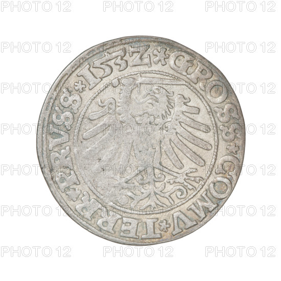 Prussian grosz, Sigismund I the Old (King of Poland; 1506–1548). Obverse: crowned male bust in profile turned to the right; rim between pearly borders with inscription '.SIGIS.I.REX.PO.DO.TOCI.PRVSS'. Reverse: the Eagle of Royal Prussia; rim between pearly borders with inscription '.GROSS.COMV.TERR.PRVSS.153Z'. Dated 1532. Torun, Poland. Subjects/emblems: eagles, royal bust, Jagiellonian dynasty, emblems, iconography of Sigismund I the Old. Materials: coin.