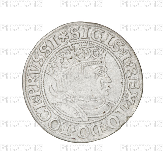 Prussian grosz, Sigismund I the Old (King of Poland; 1506–1548); 1532; Torun, Poland. Obverse: Crowned male bust in profile turned to the right, in the rim between pearl borders an inscription: .SIGIS.I.REX.PO.DO.TOCI.PRVSSI Rw. Reverse: The Eagle of Royal Prussia, in the rim between the pearl borders the inscription: .GROSS.COMV.TERR.PRVSS.153Z. Subjects/emblems: eagles, royal bust, male busts; dynasty: Jagiellonians; iconography of Sigismund I the Old. Materials/function: coin.