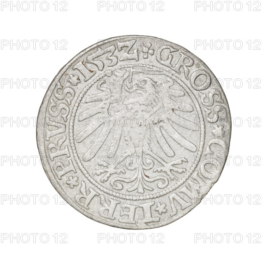 Prussian grosz, Sigismund I the Old (King of Poland; 1506–1548). Obverse: Crowned male bust in profile facing right; rim inscription: .SIGIS.I.REX.PO.DO.TOCI.PRVSSI Rv: The Eagle of Royal Prussia; rim inscription: .GROSS.COMV.TERR.PRVSS.153Z. Dated 1532. Coin from Torun, Poland. Subjects: eagles, emblems, male/royal bust, iconography of Sigismund I, Jagiellonian dynasty. Materials: coin.