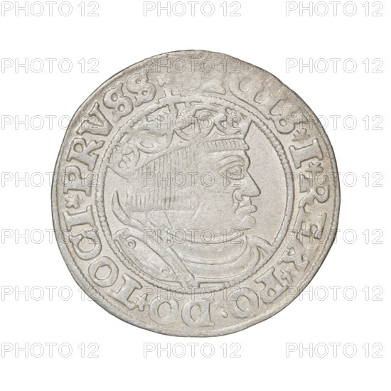 Prussian grosz, Sigismund I the Old (King of Poland; 1506–1548); silver coin (grosz), 1532, Torun, Poland. Obverse: crowned male (royal) bust in profile facing right; rim inscription between pearl borders: 'GIS.I.REX.PO.DO.TOCI.PRVSS' (or variant). Reverse: The Eagle of Royal Prussia; rim inscription between pearl borders: 'GROSS.COMV.TERR.PRV'. References to eagles, Jagiellonian dynasty, emblems, and iconography of Sigismund I the Old noted; weight/size 53Z (as recorded).