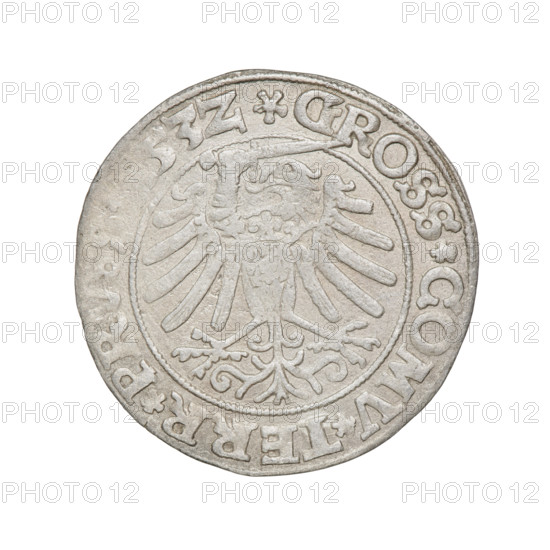 Prussian grosz, Sigismund I the Old (King of Poland; 1506–1548), 1532. Obverse: Crowned male bust in profile turned to the right; rim inscription between pearl borders: GIS.I.REX.PO.DO.TOCI.PRVSS. Reverse: The Eagle of Royal Prussia; rim inscription between pearl borders: .GROSS.COMV.TERR.PRV. 53Z. Poland, Torun. Subjects/emblems: eagles, Jagiellonian dynasty, emblems, Eagle (emblem), royal/male bust; iconography of Sigismund I the Old. Materials: coin.