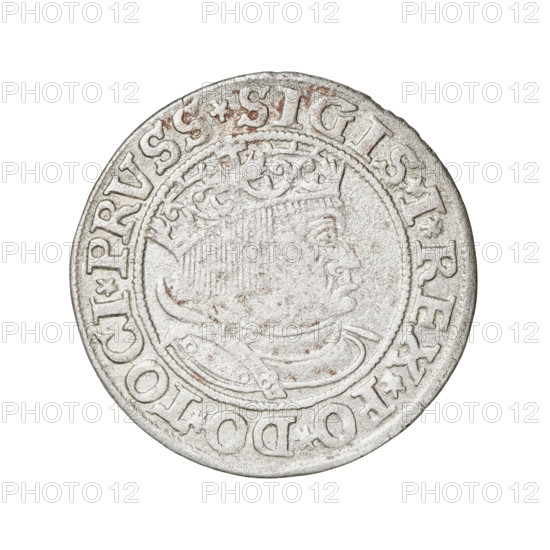 Prussian grosz, Sigismund I the Old (King of Poland; 1506–1548). Obverse: Crowned male bust in profile turned to the right, in the rim between pearly borders an inscription: .SIGIS.I.REX.PO.DO.TOCI.PRVSS Rv: The Eagle of Royal Prussia, in the rim between the pearl borders the inscription: .GROSS.COMV.TERR.PRVSS.153Z. Dated 1532. Torun, Poland. Subjects/emblems: eagles, Jagiellonian dynasty, royal bust, male busts; iconography of Sigismund I the Old. Materials: coin.