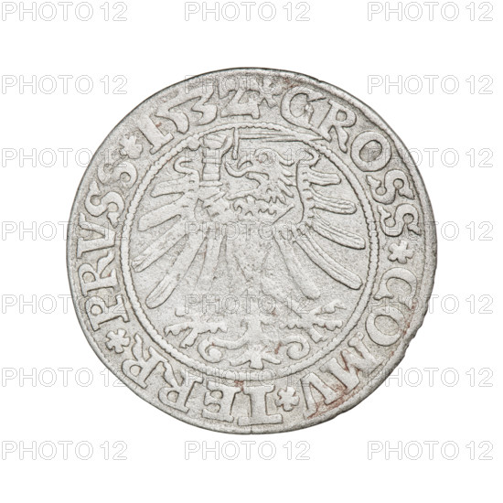 Prussian grosz, Sigismund I the Old (King of Poland; 1506–1548). Obverse: Crowned male bust in profile turned to the right; in the rim between pearly borders an inscription: .SIGIS.I.REX.PO.DO.TOCI.PRVSS Rw. Reverse: The Eagle of Royal Prussia; in the rim between the pearl borders the inscription: .GROSS.COMV.TERR.PRVSS.153Z. Dated 1532. Poland, Torun. Subjects/emblems: eagles, Jagiellonian dynasty, emblems, male/royal bust; iconography of Sigismund I the Old. Materials/function: coin.