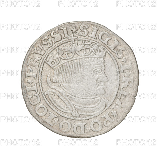 Prussian grosz, Sigismund I the Old (King of Poland; 1506–1548); obverse: crowned male bust in profile turned to the right, in the rim between pearl borders an inscription: .SIGIS.I.REX.PO.DO.TOCI.PRVSSI Rw.; reverse: the Eagle of Royal Prussia, in the rim between the pearl borders the inscription: .GROSS.COMV.TERR.PRVSS.153Z; 1532; Poland, Torun; motifs: eagles, emblems, male/royal bust, Jagiellonian dynasty; iconography of Sigismund I the Old.