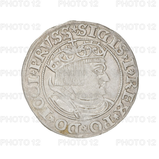Prussian grosz, Sigismund I the Old (King of Poland; 1506–1548). Obverse: Crowned male bust in profile turned to the right, in the rim between pearly borders an inscription: .SIGIS.I.REX.PO.DO.TOCI.PRVSS Rv: The Eagle of Royal Prussia, in the rim between the pearl borders the inscription: .GROSS.COMV.TERR.PRVSS.153Z. 1532. Torun, Poland. Subjects/emblems: eagles, Jagiellonian dynasty, royal bust, male busts, emblems; iconography of Sigismund I the Old (1467–1548).