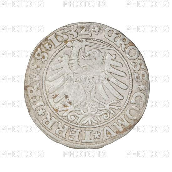Prussian grosz, Sigismund I the Old (King of Poland; 1506–1548). Obverse: Crowned male bust in profile turned to the right, in the rim between pearly borders an inscription: .SIGIS.I.REX.PO.DO.TOCI.PRVSS Rw. Reverse: The Eagle of Royal Prussia, in the rim between the pearl borders the inscription: .GROSS.COMV.TERR.PRVSS.153Z. Date: 1532. Mint: Torun, Poland. Subjects/ motifs: eagles, royal bust, emblems; dynasty: Jagiellonians; iconography of Sigismund I the Old. Materials: coin.