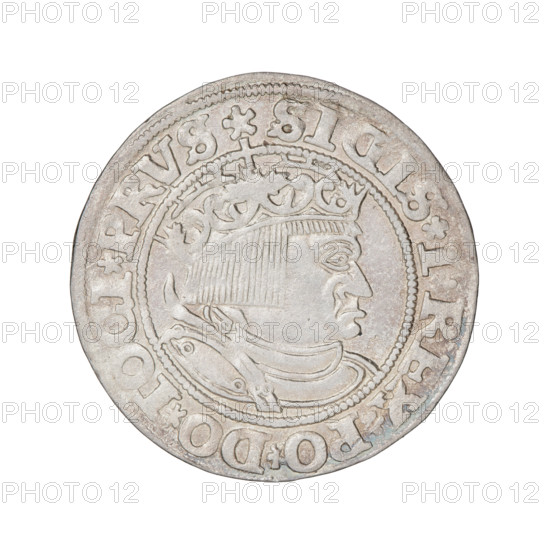 Prussian grosz, Sigismund I the Old (King of Poland; 1506–1548). Obverse: Crowned male bust in profile turned to the right; in the rim between pearly borders an inscription: SIGIS.I.REX.PO.DO.TOCI.PRVS. Reverse: The Eagle of Royal Prussia; in the rim between the pearl borders the inscription: GROSS.COMV.TERR.PRVSS.153Z. Date: 1532. Material: coin. Place: Torun, Poland. Subjects: eagles, coats of arms, royal bust, Jagiellonian dynasty.