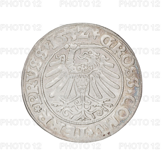 Prussian grosz, Sigismund I the Old (King of Poland; 1506–1548). Obverse: Crowned male bust in profile turned to the right, in the rim between pearl borders an inscription: .SIGIS.I.REX.PO.DO.TOCI.PRVS. Reverse: The Eagle of Royal Prussia, in the rim between the pearl borders the inscription: .GROSS.COMV.TERR.PRVSS.153Z. Dated 1532. Poland, Torun. Subjects/features: eagles, Polish coins, Jagiellonians (dynasty), coats of arms, Eagle (coat of arms), male busts, royal bust, Sigismund I the Old — iconography.