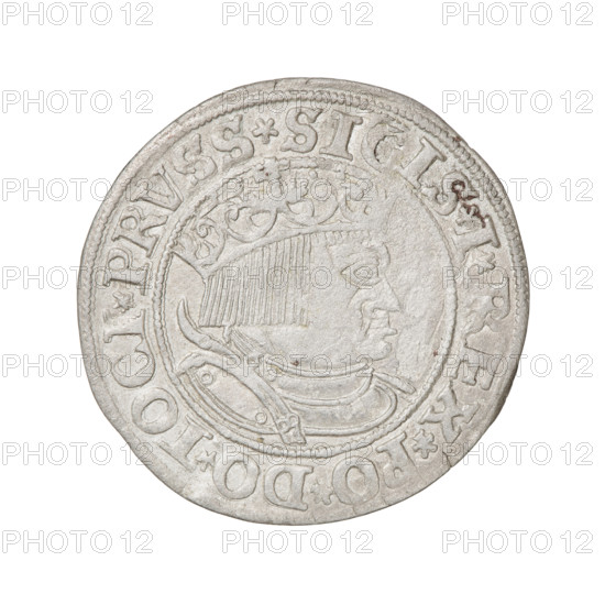 Prussian grosz, Sigismund I the Old (King of Poland; 1506–1548). Obverse: Crowned male bust in profile turned to the right, inscription in rim between pearl borders: .SIGIS.I., EX.PO.DO.TOCI.PRVSS. Reverse: The Eagle of Royal Prussia, inscription in rim between pearl borders: .GROSS.C, MV.TERR., SS.153Z. Date: 1532. Poland, Torun. Subjects/emblems: eagles, Polish coins, Jagiellonian dynasty, emblems, Eagle (emblem), male/royal bust, iconography of Sigismund I the Old.