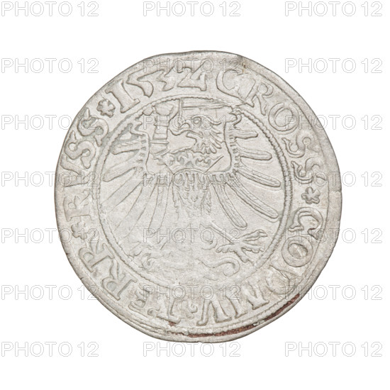 Prussian grosz, 1532. Obverse: Crowned male bust in profile turned to the right with rim inscription '.SIGIS.I., EX.PO.DO.TOCI.PRVSS'. Reverse: The Eagle of Royal Prussia with rim inscription '.GROSS.C, MV.TERR., SS.153Z'. Sigismund I the Old (King of Poland; 1467–1548) — iconography; eagles, emblems; male/royal bust. Minted in Torun, Poland.
