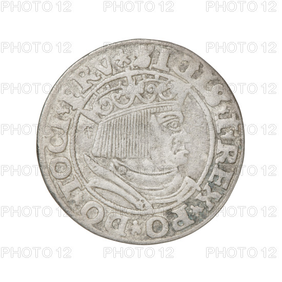 Prussian grosz, Sigismund I the Old (King of Poland; 1506–1548). Obverse: Crowned male bust in profile turned to the right; in the rim between pearly borders an inscription: .SIGIS.I.REX.PO.DO.TOCI.PRV Rw. Reverse: The Eagle of Royal Prussia; in the rim between the pearl borders the inscription: .GROSS.COMV.TERR.PRVSS.153Z. 1532. Poland, Torun. Subjects: eagles, Polish coins, Jagiellonians (dynasty), coats of arms, male busts, royal bust, Sigismund I the Old — iconography.