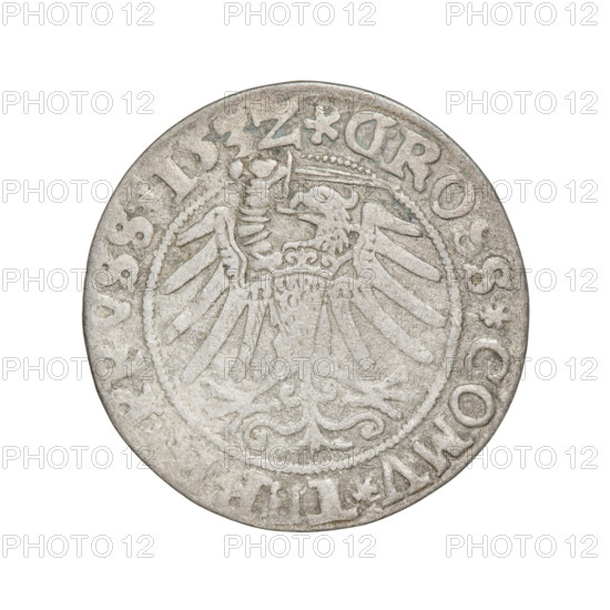 Prussian grosz, Sigismund I the Old (King of Poland; 1506–1548). Obverse: Crowned male bust in profile turned to the right, in the rim between pearly borders an inscription: .SIGIS.I.REX.PO.DO.TOCI.PRV Rw. Reverse: The Eagle of Royal Prussia, in the rim between the pearl borders the inscription: .GROSS.COMV.TERR.PRVSS.153Z. Date: 1532. Material: coin. Place: Torun, Poland. Subjects/icons: eagles, coats of arms, royal bust; Jagiellonian dynasty.