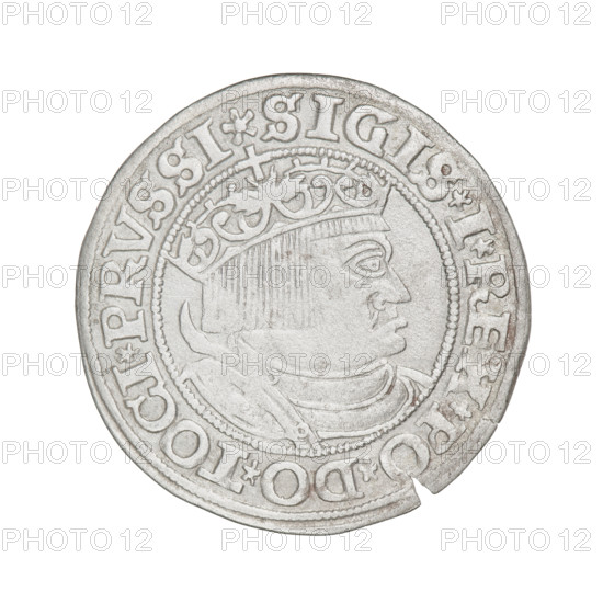 Prussian grosz, Sigismund I the Old (King of Poland; 1506–1548). Obverse: Crowned male bust in profile turned to the right; in the rim between pearl borders an inscription: .SIGIS.I.REX.PO.DO.TOCI.PRVSSI Rw. Reverse: The Eagle of Royal Prussia; in the rim between the pearl borders the inscription: .GROSS.COMV.TERR.PRVSS.153Z. Date: 1532. Material: coin. Place: Torun, Poland. Subjects/themes: eagles, Polish coins, Jagiellonian dynasty, emblems, eagle (emblem), male/royal bust; iconography of Sigismund I the Old (1467–1548).