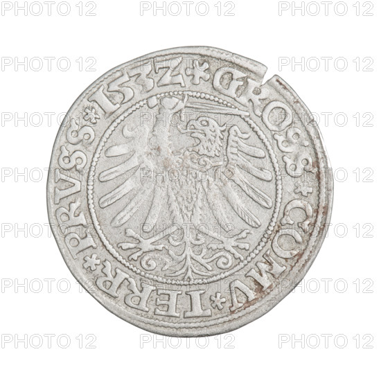 Prussian grosz, Sigismund I the Old (King of Poland; 1506–1548); silver coin (grosz), 1532, Torun, Poland. Obverse: Crowned male bust in profile facing right; rim inscription between pearl borders: .SIGIS.I.REX.PO.DO.TOCI.PRVSSI Rw. Reverse: The Eagle of Royal Prussia; rim inscription between pearl borders: .GROSS.COMV.TERR.PRVSS.153Z. Subjects/themes: eagles, emblems, royal bust, male busts; dynasty: Jagiellonians; iconography of Sigismund I the Old.