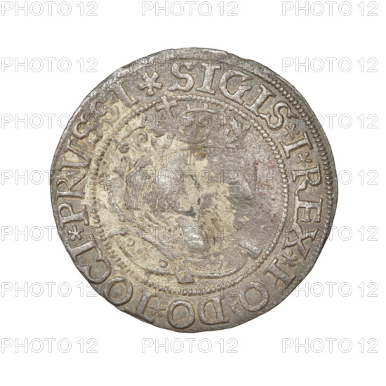 Prussian grosz, Sigismund I the Old (King of Poland; 1506–1548). Obverse: Crowned male bust in profile turned to the right, in the rim between the pearl borders an inscription: .SIGIS.I.REX.PO.DO.TOCI.PRVSSI. Reverse: The Eagle of Royal Prussia, in the rim between the pearl borders the inscription: .GROSS.COMV.TERR.PRVSSIE.1533. 1533, Torun, Poland, coin.