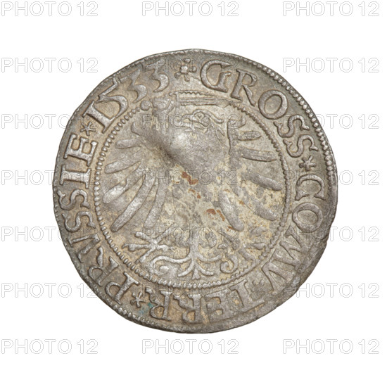 Prussian grosz, Sigismund I the Old (King of Poland; 1506–1548). Obverse: crowned male bust in profile turned to the right; in the rim between the pearl borders an inscription: .SIGIS.I.REX.PO.DO.TOCI.PRVSSI. Reverse: the Eagle of Royal Prussia; in the rim between the pearl borders the inscription: .GROSS.COMV.TERR.PRVSSIE.1533. Dated 1533, Torun, Poland. Subjects/attributes: eagles, coats of arms, royal bust, Jagiellonian dynasty, iconography of Sigismund I. Materials: coin.