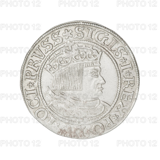 Prussian grosz, Sigismund I the Old (King of Poland; 1506–1548). Obverse: Crowned male bust in profile turned to the right; rim inscription between pearl borders: .SIGIS.I.REX.PO.D, OCI.PRVSS Rw. Reverse: The Eagle of Royal Prussia; rim inscription between pearl borders: .GROSS.COMV.TERR.PRVSSIE.1533. 1533, Torun, Poland, coin.