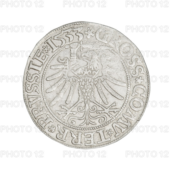 Prussian grosz, Sigismund I the Old (King of Poland; 1506–1548). Obverse: Crowned male bust in profile turned to the right, rim inscription: .SIGIS.I.REX.PO.D, OCI.PRVSS Rw. Reverse: The Eagle of Royal Prussia, rim inscription: .GROSS.COMV.TERR.PRVSSIE.1533. Dated 1533. Torun, Poland. Coin.