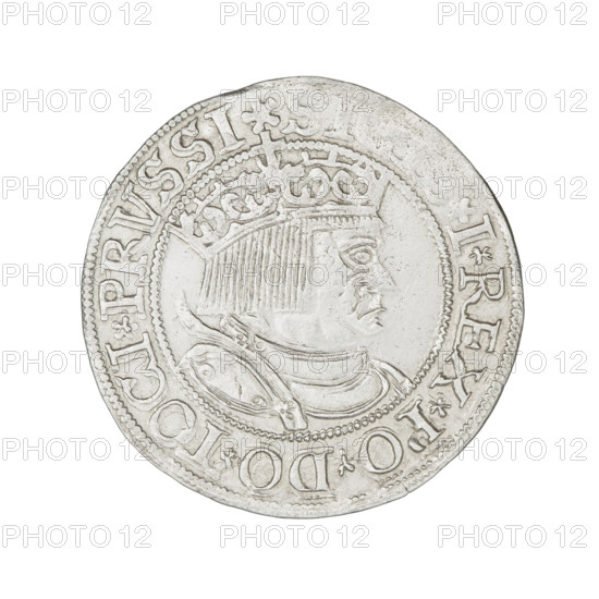 Prussian grosz, Sigismund I the Old (King of Poland; 1506–1548). Obverse: crowned male bust in profile turned to the right; in the rim between the pearl borders an inscription: S.I.REX.PO.DO.TOCI.PRVSSI Rw. Reverse: the Eagle of Royal Prussia; in the rim between the pearl borders the inscription: GR.COMV.TERR.PRVSSI. Dated 1533. Torun, Poland. Coin.