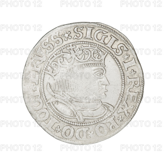 Prussian grosz, Sigismund I the Old (King of Poland; 1506–1548); obverse: crowned royal bust in profile turned right, rim inscription .SIGIS.I.REX.PO.DO.TOCI.; reverse: Eagle of Royal Prussia, rim inscription .GROSS.COMV.TERR.PRVSS.1533; dated 1533; Torun, Poland; coin; iconography includes eagles, emblems, male/royal busts, Jagiellonian dynasty.
