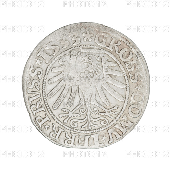 Prussian grosz, 1533. Obverse: Crowned royal bust of Sigismund I the Old in profile to the right, rim inscription '.SIGIS.I.REX.PO.DO.TOCI.' Reverse: Eagle of Royal Prussia, rim inscription '.GROSS.COMV.TERR.PRVSS.1533.' Style: Polish coin iconography; subject: Sigismund I the Old (King of Poland, 1467–1548). Torun, Poland; coin.