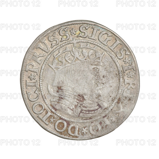 Prussian grosz, Sigismund I the Old (King of Poland; 1506–1548). Obverse: Crowned male bust in profile turned to the right; in the rim between pearly borders an inscription: .SIGIS.I.REX.PO.DO.TOCI.PRVSS Rw. Reverse: The Eagle of Royal Prussia; in the rim between the pearl borders the inscription: .GROSS.COMV.TERR.PRVSSIE.1533. Dated 1533. Poland, Torun. Subjects/emblems: eagles, Polish coins, Jagiellonian dynasty, emblems, Eagle (emblem), male royal bust; iconography of Sigismund I the Old. Materials/function: coin.