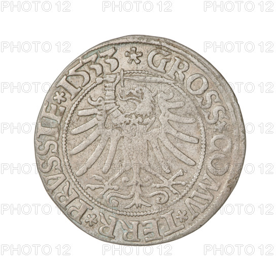 Prussian grosz, Sigismund I the Old (King of Poland; 1506–1548); 1533; silver coin (grosz). Obverse: Crowned male bust in profile turned to the right; rim inscription: .SIGIS.I.REX.PO.DO.TOCI.PRVSS Rw. Reverse: The Eagle of Royal Prussia; rim inscription: .GROSS.COMV.TERR.PRVSSIE.1533. Poland, Torun. Subjects: eagles, Polish coins, Jagiellonians (dynasty), emblems, Eagle (emblem), male/royal bust; iconography of Sigismund I the Old.
