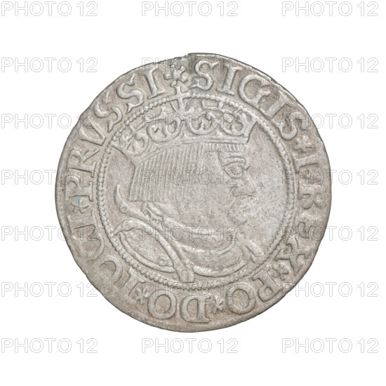 Prussian grosz, Sigismund I the Old (King of Poland; 1506–1548); obverse: crowned male bust in profile turned to the right, rim between pearl borders with inscription '.SIGIS.I.REX.PO.DO.TOCI.PRVSSI Rw'; reverse: the Eagle of Royal Prussia, rim between pearl borders with inscription '.GROSS.COMV.TERR.PRVSSIE.1533'; 1533; Poland, Torun; coin.