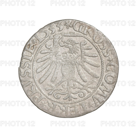 Prussian grosz, Sigismund I the Old (King of Poland; 1506–1548). Obverse: Crowned male bust in profile facing right; in the rim between pearl borders an inscription: .SIGIS.I.REX.PO.DO.TOCI.PRVSSI Rw. Reverse: The Eagle of Royal Prussia; in the rim between the pearl borders the inscription: .GROSS.COMV.TERR.PRVSSIE. Inscribed date 1533. Material: coin; place: Torun, Poland. Subjects/ motifs: eagles, emblems, male/royal bust, Jagiellonian dynasty; iconography of Sigismund I the Old.