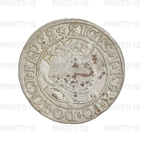 Prussian grosz, Sigismund I the Old (King of Poland; 1506–1548); obverse: crowned male bust in profile turned to the right, rim inscription '.SIGIS.I.REX.PO.DO.TOCI.PRVSS Rw.'; reverse: the Eagle of Royal Prussia, rim inscription '.GROSS.COMV.TERR.PRVSSIE.1533'; dated 1533; Poland, Torun; themes: eagles, Polish coins, Jagiellonian dynasty, emblems, eagle emblem, male/royal bust, Sigismund I iconography.