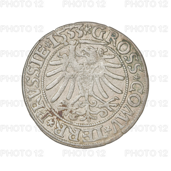 Prussian grosz, Sigismund I the Old (King of Poland; 1506–1548), 1533. Obverse: Crowned male bust in profile turned to the right, in the rim between pearly borders an inscription: .SIGIS.I.REX.PO.DO.TOCI.PRVSS. Reverse: The Eagle of Royal Prussia, in the rim between the pearl borders the inscription: .GROSS.COMV.TERR.PRVSSIE. Materials: coin; subject: eagles, royal/male bust, emblems; iconography: Sigismund I the Old. Location struck: Torun, Poland.