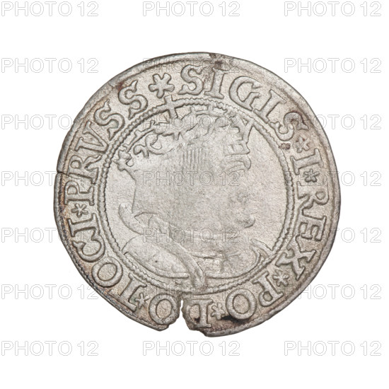 Prussian grosz, Sigismund I the Old (King of Poland; 1506–1548). Obverse: Crowned male bust in profile turned to the right; in the rim between pearly borders an inscription: .SIGIS.I.REX.PO.DO.TOCI.PRVSS Rv. Reverse: The Eagle of Royal Prussia; in the rim between the pearl borders the inscription: .GROSS.COMV.TERR, PRVSSIE.1533. Dated 1533, Torun, Poland. Subjects/emblems: eagles, Polish coins, Jagiellonian dynasty, emblems, Eagle (emblem), male/royal bust; iconography relates to Sigismund I the Old (1467–1548).