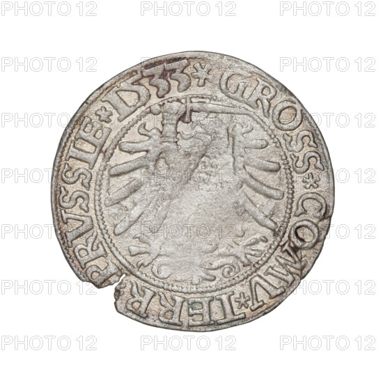 Prussian grosz, Sigismund I the Old (King of Poland; 1506–1548). Obverse: Crowned male bust in profile turned to the right, in the rim between pearly borders an inscription: .SIGIS.I.REX.PO.DO.TOCI.PRVSS Rw. Reverse: The Eagle of Royal Prussia, in the rim between the pearl borders the inscription: .GROSS.COMV.TERR, PRVSSIE.1533. Date: 1533. Place: Torun, Poland. Subjects/emblems: eagles, Polish coins, Jagiellonian dynasty, emblems, Eagle (emblem), male/royal bust, iconography of Sigismund I the Old. Materials/style: coin.