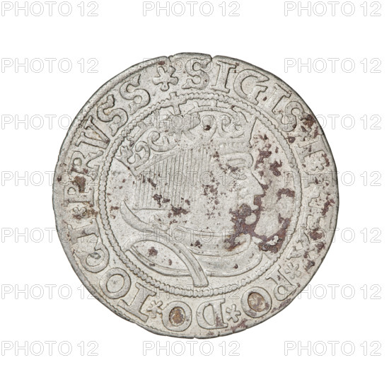 Prussian grosz, Sigismund I the Old (King of Poland; 1506–1548). Obverse: crowned male bust in profile turned to the right; in the rim between pearly borders an inscription: .SIGIS.I.REX.PO.DO.TOCI.PRVSS Rw. Reverse: the Eagle of Royal Prussia; in the rim between the pearly borders the inscription: .GROSS.COMV.TERR.PRVSSIE.1533. Dated 1533, Torun, Poland.