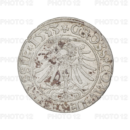 Prussian grosz, Sigismund I the Old (King of Poland; 1506–1548). Obverse: Crowned male bust in profile turned to the right; rim inscription: .SIGIS.I.REX.PO.DO.TOCI.PRVSS Rw. Reverse: The Eagle of Royal Prussia; rim inscription: .GROSS.COMV.TERR.PRVSSIE.1533. Dated 1533, Torun, Poland. Subjects/emblems: eagles, Polish coins, Jagiellonian dynasty, emblems, Eagle (emblem), male/royal bust; iconography of Sigismund I the Old. Materials/function: coin.
