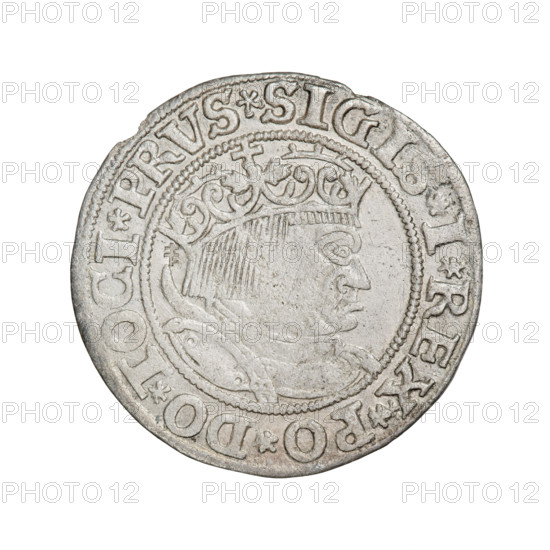 Prussian grosz, Sigismund I the Old (King of Poland; 1506–1548). Obv.: Crowned male bust in profile turned to the right, in the rim between pearly borders an inscription: .SIGIS.I.REX.PO.DO.TOCI.PRVS. Rv.: The Eagle of Royal Prussia, in the rim between the pearl borders the inscription: .GROSS.COMV.TERR.PRVSSI.1533. Date: 1533. Torun, Poland. Subjects/details: eagles, Polish coins, Jagiellonians (dynasty), coats of arms, Eagle (coat of arms), male busts, royal bust, Sigismund I the Old — iconography. Coin; material: metal.
