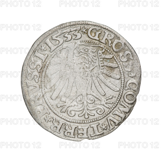 Prussian grosz, Sigismund I the Old (King of Poland; 1506–1548). Obverse: Crowned male bust in profile turned to the right, in the rim between pearly borders an inscription: .SIGIS.I.REX.PO.DO.TOCI.PRVS. Reverse: The Eagle of Royal Prussia, in the rim between the pearl borders the inscription: .GROSS.COMV.TERR.PRVSSI.1533. 1533, Torun, Poland, coin.