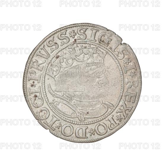 Prussian grosz, Sigismund I the Old (King of Poland; 1506–1548); obverse: crowned male bust in profile turned to the right with rim inscription '.SIGIS.I.REX.PO.DO.TOCI.PRVSS Rw.'; reverse: the Eagle of Royal Prussia with rim inscription '.GROSS.COMV.TERR.PRVSSIE.'; dated 1533; Torun, Poland; coin; iconography: eagles, emblems, male/royal bust, Jagiellonian dynasty; materials: coinage.