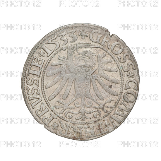 Prussian grosz, 1533. Obverse: Crowned male bust in profile turned to the right with rim inscription '.SIGIS.I.REX.PO.DO.TOCI.PRVSS Rw.' Reverse: The Eagle of Royal Prussia with rim inscription '.GROSS.COMV.TERR.PRVSSIE.' Subject: Sigismund I the Old (King of Poland, 1506–1548); motifs include eagles, royal bust, emblems; style/iconography: Jagiellonian dynasty; medium: coin; place: Torun, Poland.