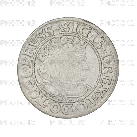 Prussian grosz, Sigismund I the Old (King of Poland; 1506–1548). Obverse: Crowned male bust in profile turned to the right; inscription in rim between pearl borders: .SIGIS.I.REX.PO.DO.TOCI.PRVSS. Reverse: The Eagle of Royal Prussia; inscription in rim between pearl borders: .GROSS.COMV.TERR.PRVSS.1533. 1533, Torun, Poland, coin. Coats of arms, eagles; Jagiellonian dynasty; royal bust; iconography of Sigismund I the Old.